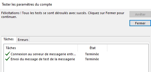 le compte de messagerie est crée avec succès sous outlook. 